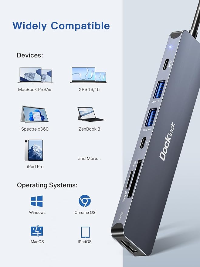 USB C Hub, dockteck 7 in 1 Multiport USB C Adapter with 4K HDMI, 100W PD, 5 Gbps USB-C, 2 USB-A Data Ports, SD/TF Card Reader for MacBook Pro/Air, iPad Pro, Surface Pro, Steam Deck, XPS, HP