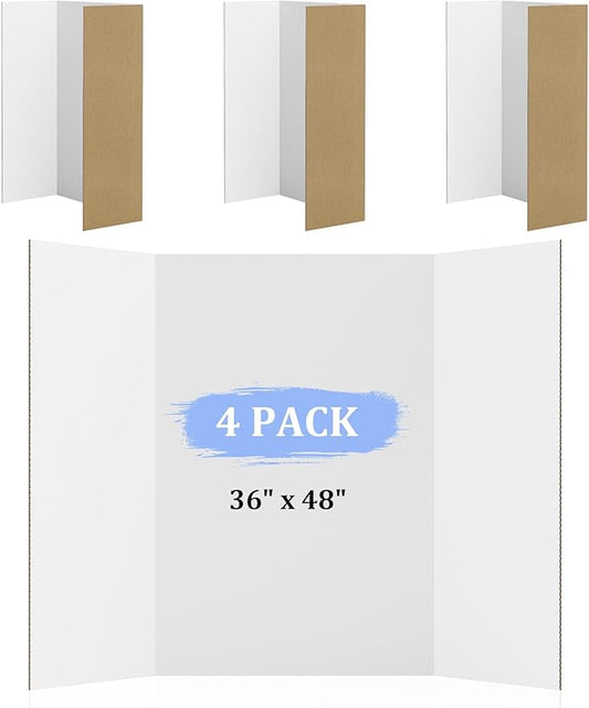 4 Pack 36" x 48" Trifold Poster Board for Presentation, White Corrugated Cardboard Large Tri Fold Poster Board for Science Fair, Office & School Projects, Photo Displays, Exhibitions Event