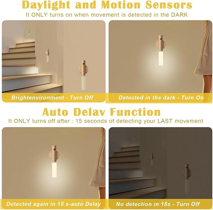 LANDGOO Wooden Motion Sensor Night Lights Magnet Body Sensor Hallway Night Lights Rechargeable Led Light Portable Stairway,Wall Sconce Battery Powered Cabinet Lights