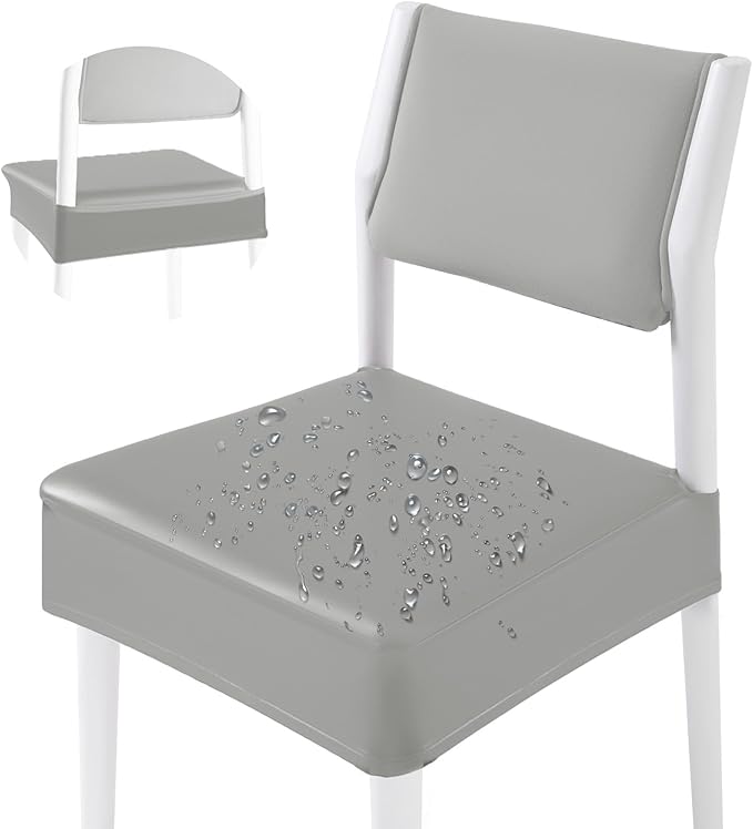 CWK Waterproof PU Leather Dining Chair Covers Set of 1-Stretchable Chair Seat Slipcovers, Removable & Washable Protector for Dining Room,Home,Office,Wedding,Rear Covers (PU-Silver)