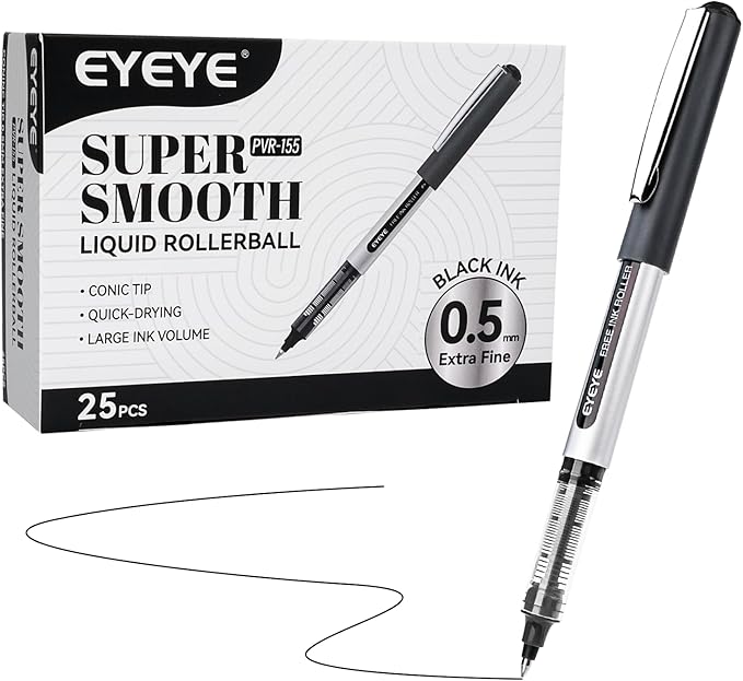 EYEYE 0.5mm Black Rollerball Pens 25 Pack, Extra Fine Point Roller Ball Pen Quick Dry, Liquid Ink Pens Fine Point Smooth Writing Pen for Journaling, Note Taking, Office, School Supplies
