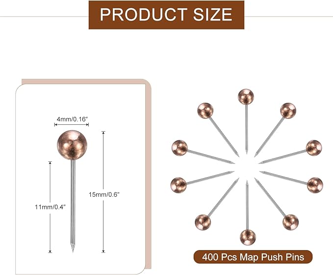 uxcell 800 Pcs Push Pins, Map Thumb Tacks 4mm Round Head Decorative Push Pins for Bulletin Board Home Office Travel Wall DIY Crafts Map Photo, Rose Gold