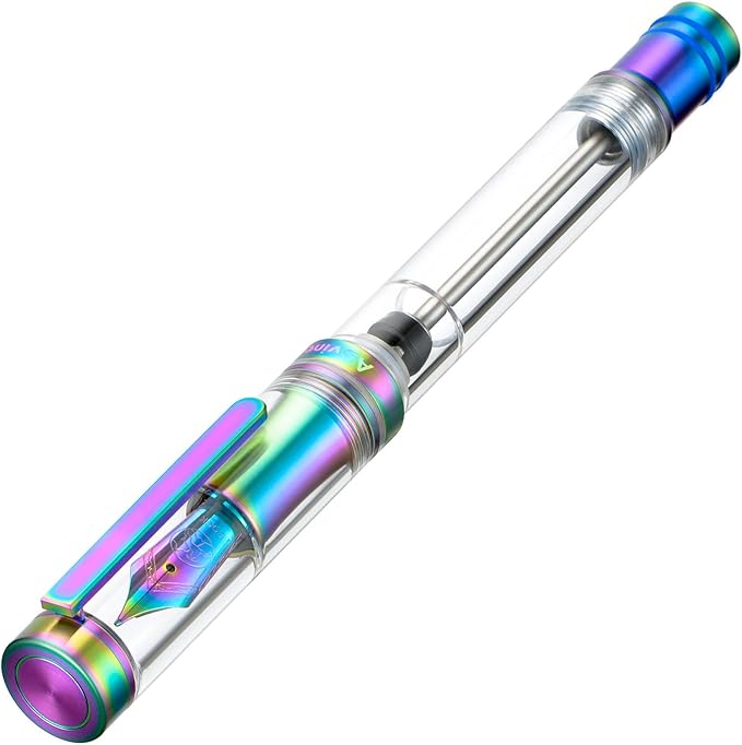 Asvine V200 Titanium Fountain Pen Vacuum Filling, Rainbow Bock Fine Nib Transparent Acrylic Smooth Writing Pen Case Set