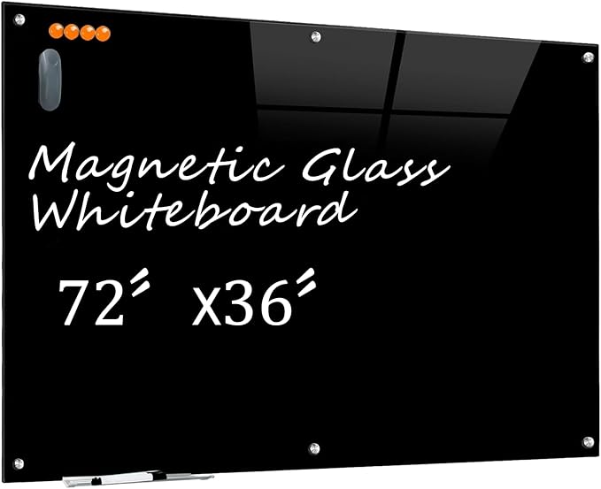 KIZZBY Black Glass Dry Erase Board - Magnetic Blackboard for Wall, 72"x36" Large Frameless Black Whiteboard for Office, Home & School