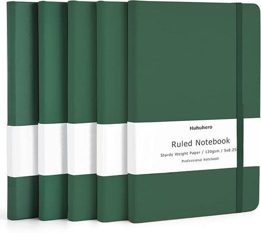 Huhuhero Notebooks Journal, Ruled Notebook, Premium Thick Paper Lined Journal, Black Hardcover Notebook for Office Home School Business Writing Note Taking Journaling, 5"×8.25" (5, Green)
