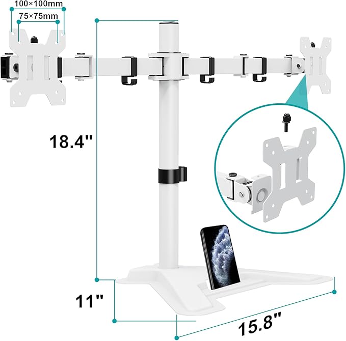 MOUNT PRO Dual Monitor Stand, Free-Standing Full Motion Monitor Desk Mount Fits 2 Screens up to 27 inches,17.6lbs with Height Adjustable, Swivel, Tilt, Rotation, VESA 75x75 100x100,White
