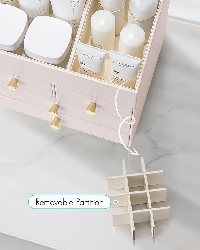 Vlando Makeup Organizer Countertop,Large Vanity Organizer PU Leather Make up Storage with 4 Drawers Skincare Organizer Cosmetic Display Case for Lipstick,Brushes-Apricot White