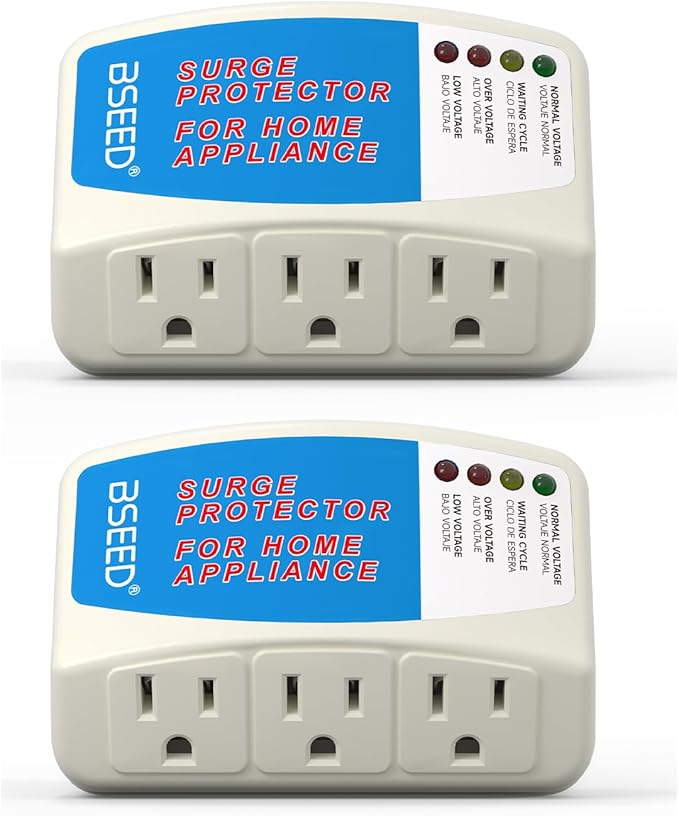 BSEED Home Appliance Surge Protector, Surge Protector for Refrigerator Wall Mount Three Plugs with Protection Low/High Voltage Protector Brownout Outlet Plug in 125V, 1875W, 2 Pack