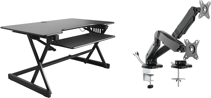 Rocelco 40" Height Adjustable Standing Desk Converter with AC Outlet USB Charger and Dual Monitor Arm Mount - Sit Stand Up Tabletop Riser - Sliding Keyboard Tray - Black (R DADRB-40-ACUSB-MA2)