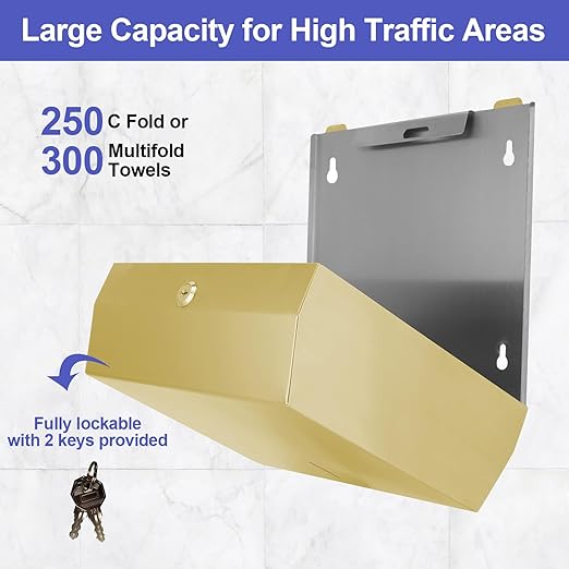 Paper Towel Dispenser Wall Mount, Brushed Gold Stainless Steel Commercial Paper Towel Holder with Lock, Large Capacity 250 C Fold/300 Multifold Towels