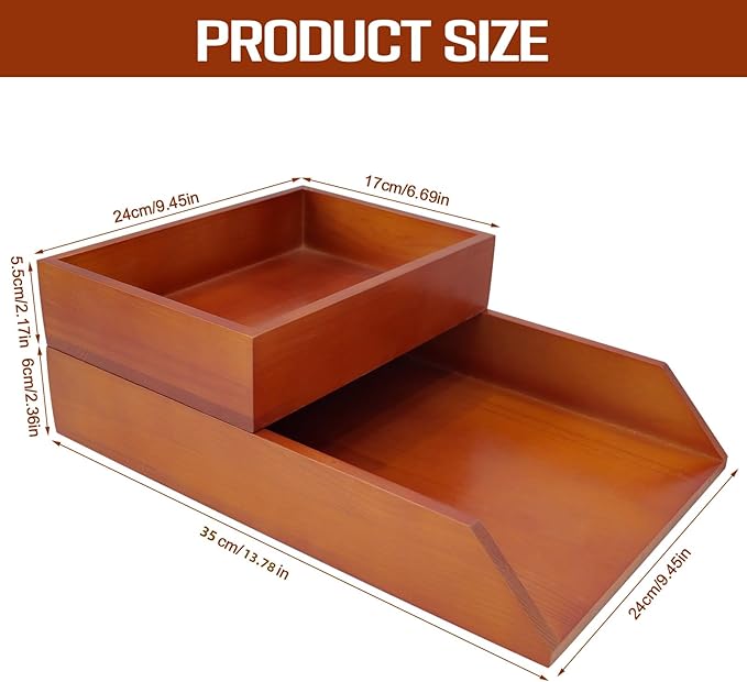 Desk Organizer Letter Tray Set of 2, Magnetic Wooden Tabletop Desktop for Storage Paper Letter Folders Notebooks Copy Print, Workspace Holder, Office Supplies, Keep Stationery Saver-Brown