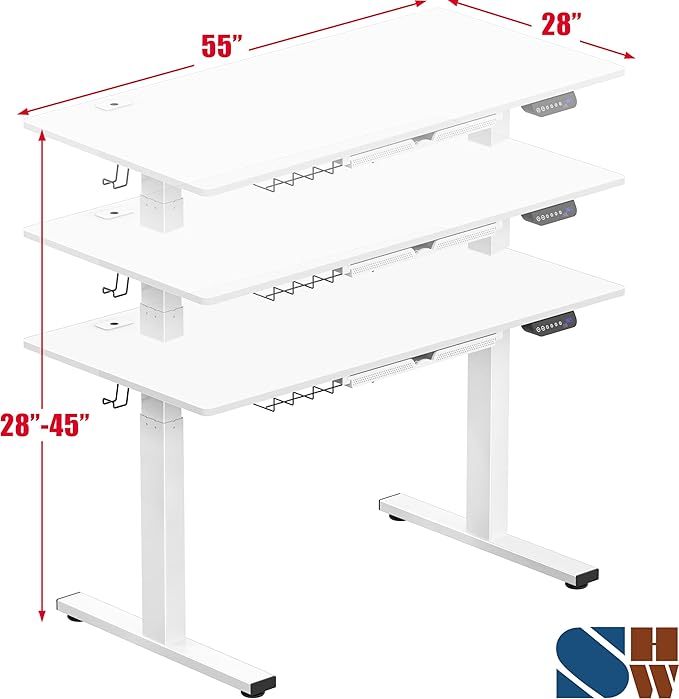 SHW 55 x 28 Inches Electric Height Adjustable Standing Desk with Drawer and Memory Preset, White