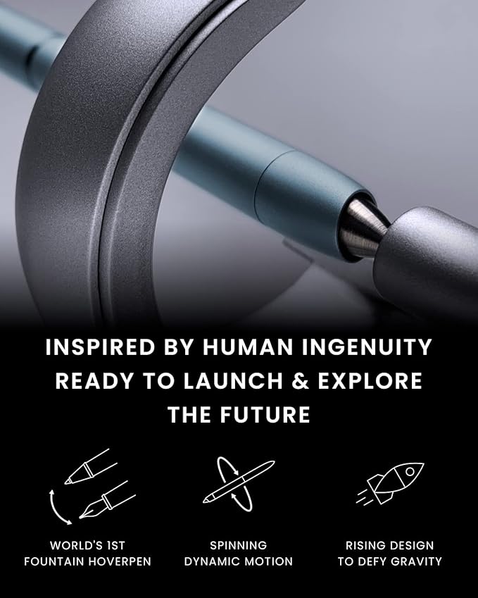 novium Hoverpen Future Edition - Luxury Metal Fountain Pen With Fine Nib, Aerospace Metal Made, Futuristic Aesthetic Desk, Free Spinning Executive, Signing Pen (Mist Blue)