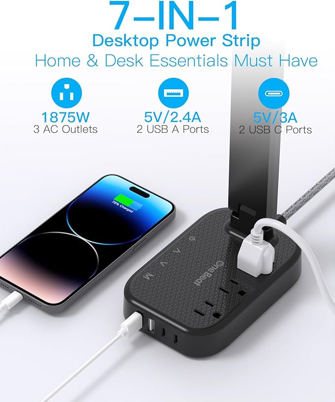 Power Strip with LED Desk Lamp, 10 Ft Extension Cord with 3 Outlets 4 USB Ports(2 USBC), 4 Modes 5 Level Touch Lamp Small Desk Lamps for Home Office College Dorm Room, Study Reading Light - BK