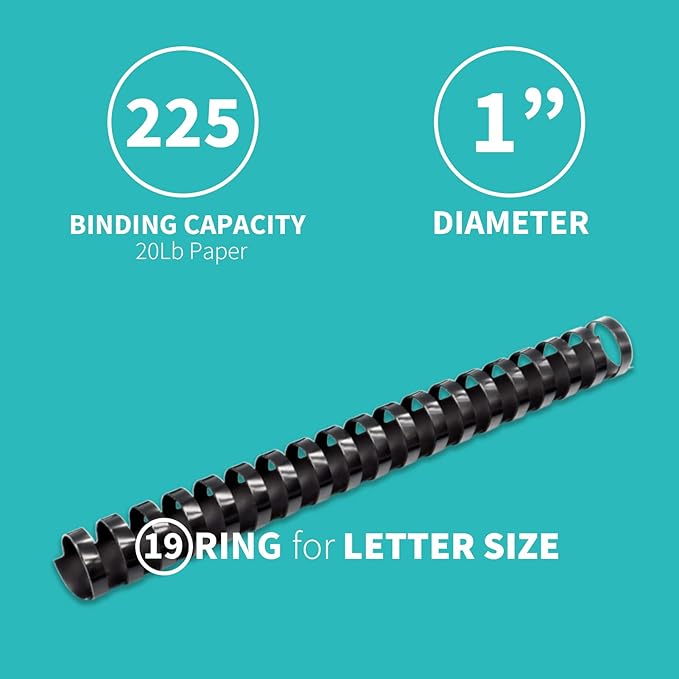 Binditek 50 Pack Plastic Binding Comb Spines, 1 Inch Diameter, 225 Sheet Capacity, 19 Ring, for Letter Size, Black, for Students and Coworkers