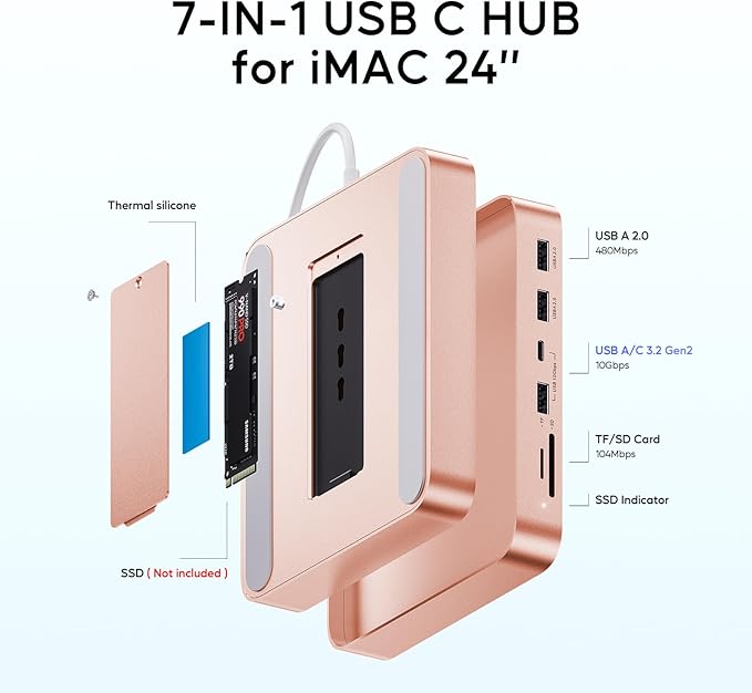USB C HUB for iMac 24 inch 2021/2023/2024, USB Hub Adapter iMac Accessories for iMac M1/M3/M4 with USB C 10Gbps 3*USB A SD/TF, Docking Station Support Expand M.2 SSD (Not Included), Orange