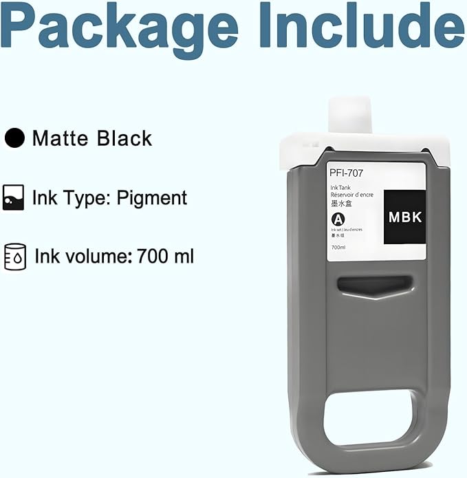 PFI-707 Ink Cartridge PFI707 Ink Tank Compatible with Canon imagePROGRAF PF830, iPF840, iPF850 CAD Plotters 700 ML (1-Pack, Matte Black)