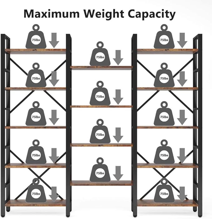 Tribesigns Triple Wide 5-Shelf Bookcase, Etagere Large Open Bookshelf Vintage Industrial Style Shelves Wood and Metal bookcases Furniture for Home & Office, 70 inch