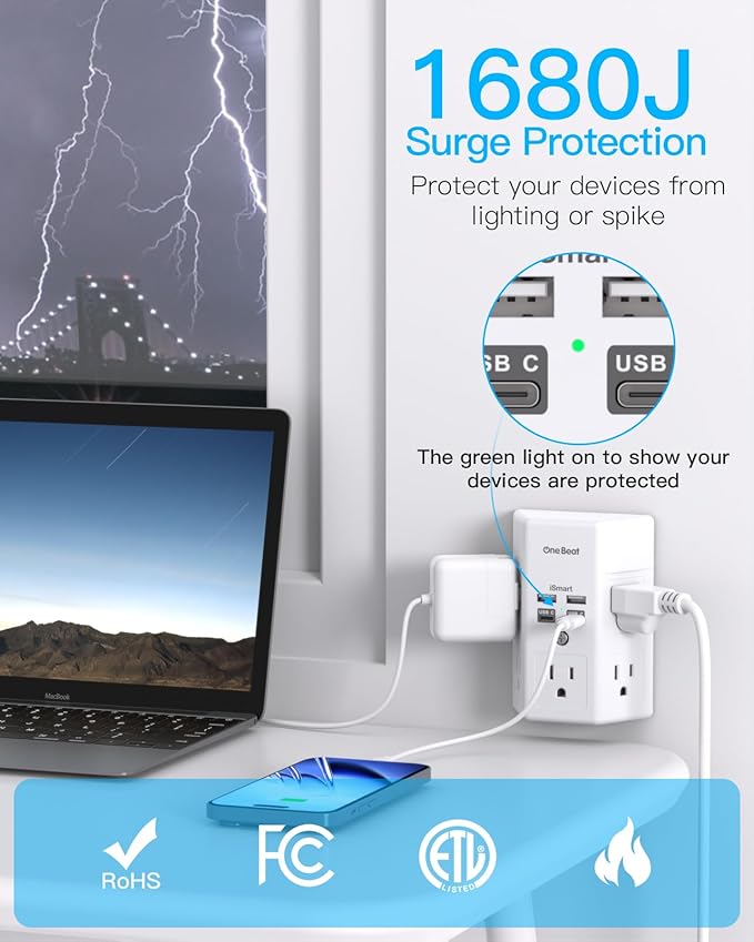 Surge Protector, 5 Outlets Extender with 4 USB Ports(USB C), 3-Side 1680J Power Strip Multi Plug Outlet Expander, USB Wall Charger, Outlet Splitter Adapter Wall Mount for Home Travel Office ETL Listed