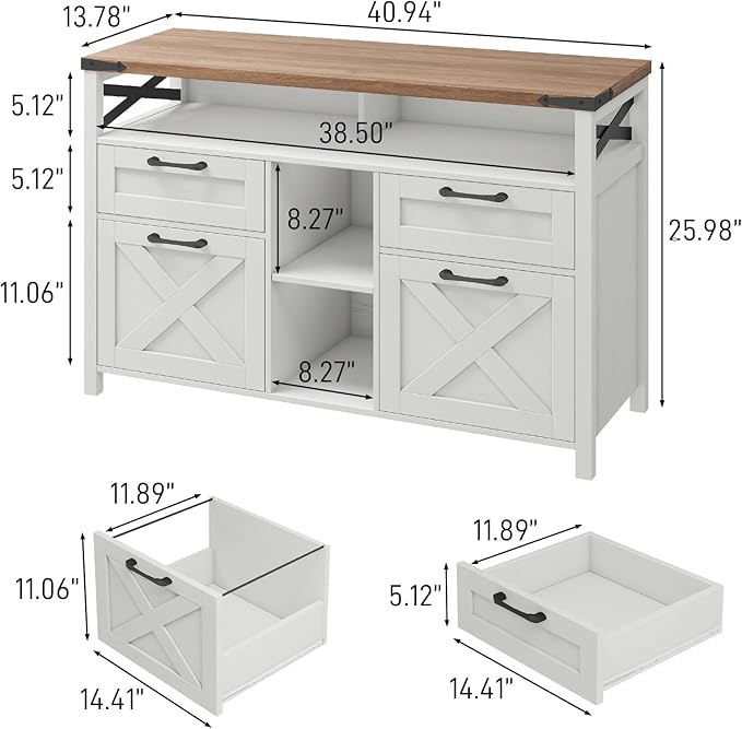 Farmhouse Filing Cabinet with Adjustable Shelf for Home Office, Lateral File Cabinets 4 Drawers with Open Storage Shelf, Filing Organization Storage Cabinets for Hanging Files Letter/Legal/F4/A4.