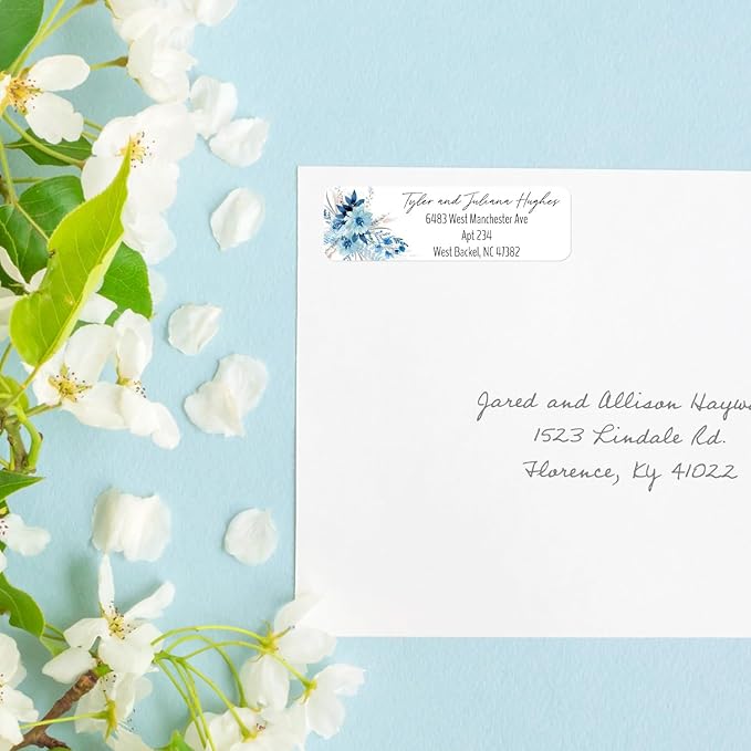 Blue Floral Rolled Address Labels / 500 Personalized Return Address Labels/Designer Address Stickers in Elegant Plastic Dispenser
