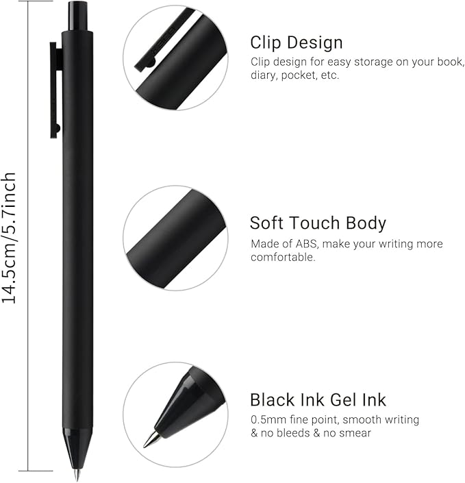 Kaco Gel Pens, 0.5 mm Fine Point, Black Ink 10 Count, Quick Dry Smooth Writing, Aesthetic Office Supplies Refillable Retractable