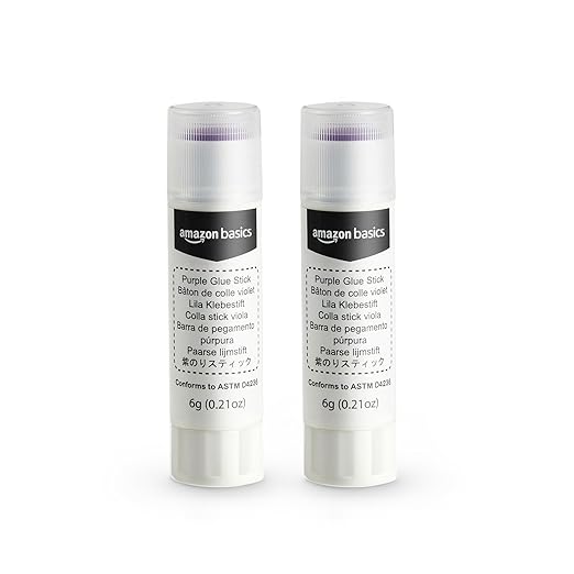 Amazon Basics Purple Washable School Glue Sticks, Dries Clear, 0.21-oz Stick, 2-Pack
