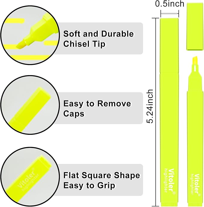 Vitoler Fluorescent Yellow Highlighters,20 Pack Bright Color Chisel tip Highlighters for Adults Kids in the Home School Office