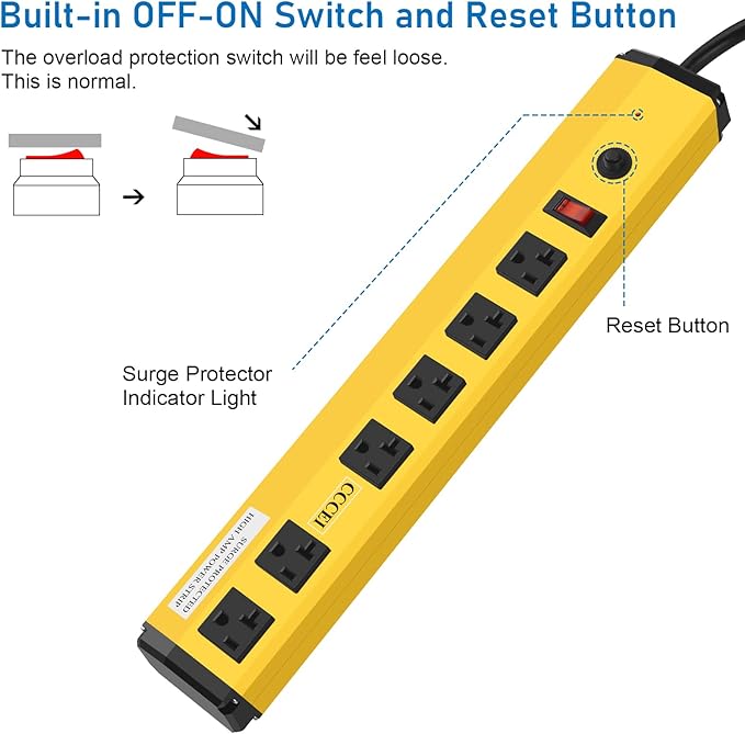 CCCEI Heavy Duty Power Strip Surge Protector 20 Amp, High Amp Industrial Shop Garage Metal Multiple Outlets, 4 FT 12 Gauge 5-15P Extension Cord 6 Outlet 6-20R T-Slot 20a for Appliance, Yellow.