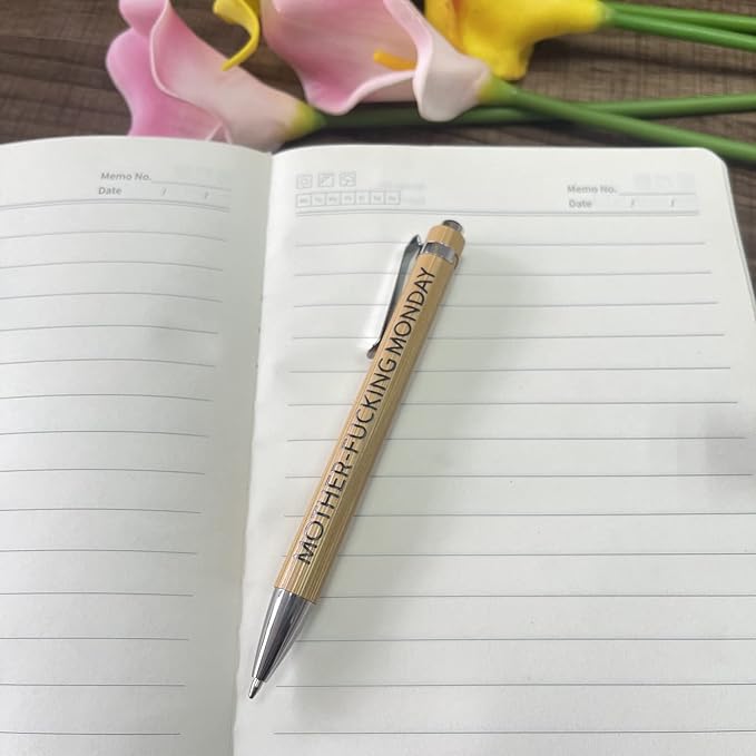 7-Piece Funny Bamboo Pen Set for Sarcastic Souls, Unique Days of The Week Mood Ballpoint Pens with Engraved Humorous Quotes, Excellent Gift for Office, Friends, and Coworkers