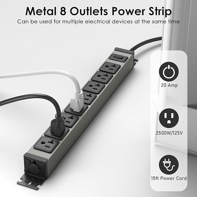 JUNNUJ Heavy Duty Power Strip Wall Mount, 20 Amp Surge Protector 1200J Metal 8 Outlet Under Desk Mounted 20A, Garage Power Bar Table Socket Industrial Outlets 6-20R T-Slot, 15FT 12AWG Extension Cord
