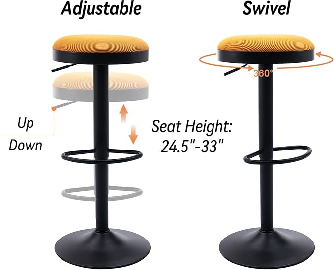 Round Swivel Counter Height Bar Stools Set of 3 Modern Adjustable Barstools Backless Corduroy Bar Chairs Industrial Island Chairs with Metal Base/Footrest for Kitchen Island/Pub/Bar, Yellow