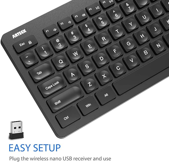 Arteck 2.4G Wireless Keyboard Ultra Slim Full Size Keyboard with Numeric Keypad and Media Hotkey for Computer/Desktop/PC/Laptop/Surface/Smart TV and Windows 11/10/ 8/7