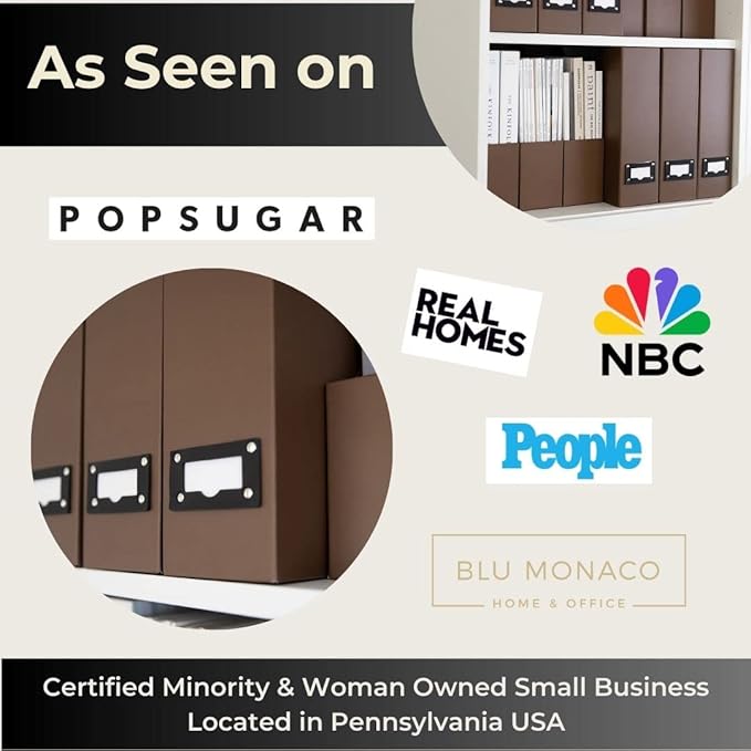 BLU MONACO Set of 6 Foldable Brown Magazine File Holders with Brown Leather Label Holders – Elegant Magazine Storage Containers & Desk Organizer for Office