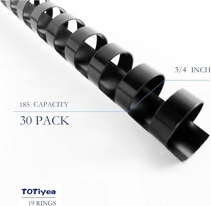 TOTiyea 30 Pack 19 Ring Plastic Binding Combs,3/4 Inch Diameter, 185 Sheet Capacity, Letter Size, Black Comb Binding Spines