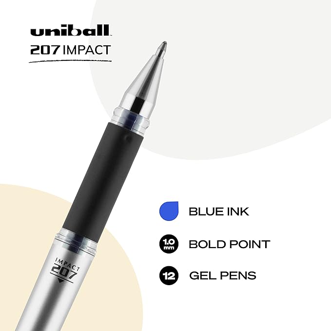Uni-Ball Uniball Signo 207 Impact Gel Pen, 16 Blue Pens, 1.0mm Bold Point, Auto-Retractable Tip, Smooth Grip, Water-Resistant Ink