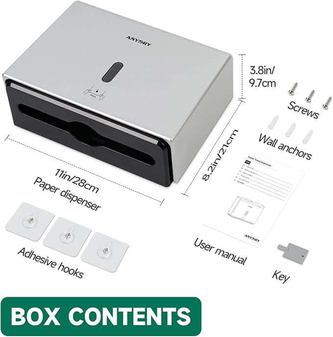 Wall-Mounted Paper Towel Dispenser – Fits Tri-Fold Towels up to 10x3.1 Inches, Holds 200 Sheets, Ideal for Home & Commercial Use (Silver)