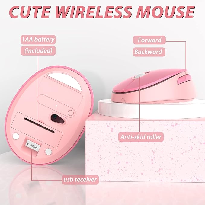 Cute Pink Wireless Keyboard and Mouse, 2.4G Retro Round Keycap for PC, Mac, Laptop, Tablet, Computer Windows