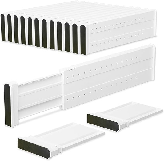 REBECAT 12 Pack Drawer Dividers for Clothes Adjustable 4" High Expandable from 15"-21" Drawer Dividers for Dresser Baby Clothes Bathroom,Bedroom Kitchen and Office Storage，White