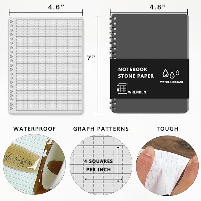 2PCS Waterproof Stone Paper Spiral Notebooks with PVC Cover and Grid Pattern 100 Pages, All-Weather Notepad A6 Medium Size for Outdoor Workers (4.8"x7", Grey)