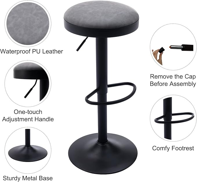Round Swivel Counter Height Bar Stools Set of 2 Modern Adjustable Barstools Backless PU Leather Bar Chairs Industrial Island Chairs with Metal Base/Footrest for Kitchen Island/Pub/Cafe, Grey