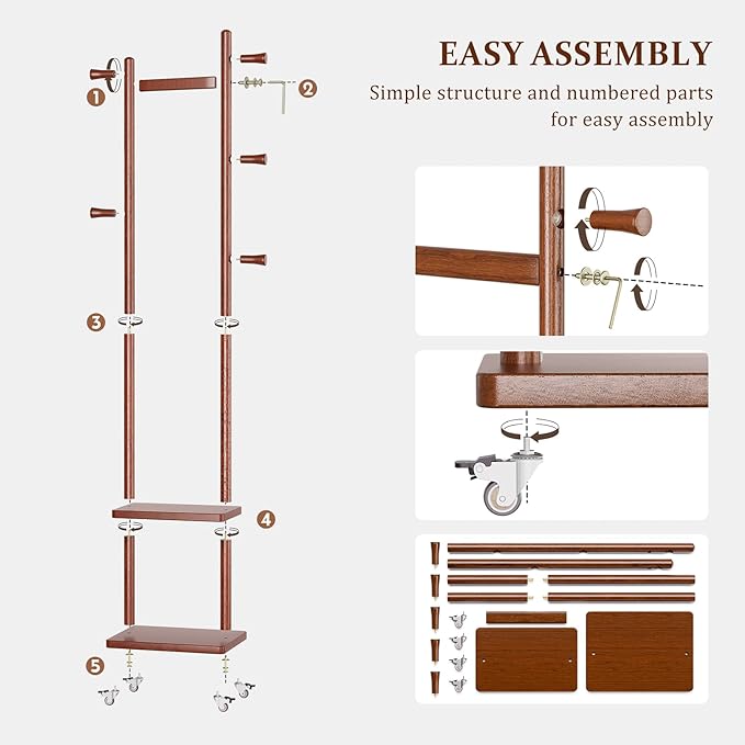 Coat Rack Freestanding Clothing Rack with Wheels & 2 Shelves Storage & 5 Hooks Heavy Duty Clothes Rack Wood Coat Tree Stand Hat Hanger Rack for Corner Bedroom Entryway Living Room Hotel