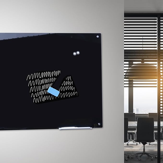Magnetic Glass Whiteboard 48" x 36" Dry Erase Board Frameless Premium Tempered Galssboards Wall Mounted Glossy writeboard with Eraser, Marker Tray for Interactive Office, (Black)