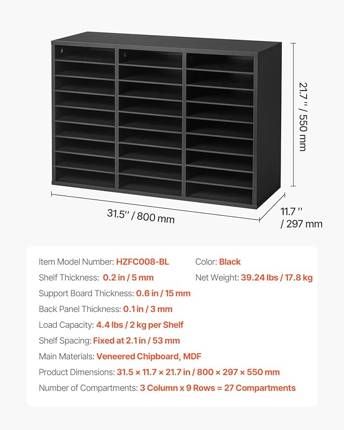 VEVOR Literature Organizer, 27 Compartments Office Mailbox with Removable Shelves, Wooden Mailbox Sorter Particle Board Office Home Classroom Storage, File Sorter for Files, Documents, Papers, Black