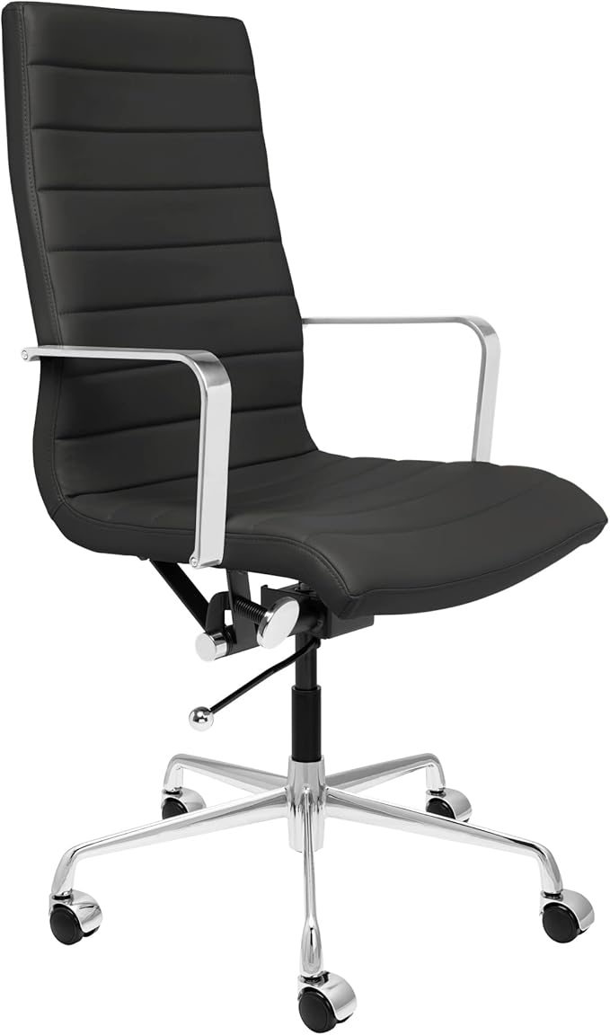 Laura Davidson Furniture SOHO II Ribbed Office Chair - Tall Back Desk Chair with Arm Rest, Swivel & Cushion Availability, Made of Faux Leather, Black, Computer Chair