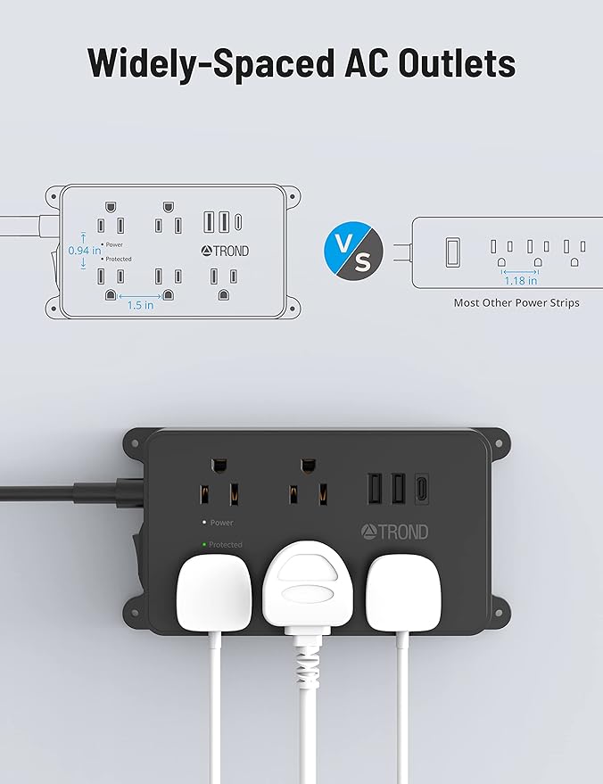 TROND Surge Protector Power Strip with USB, 10ft Extension Cord, ETL Listed, 5 Widely-Spaced Outlets with 3 USB Ports, 1300J, Low-Profile Flat Plug, Wall Mountable, 14AWG Heavy Duty, Black