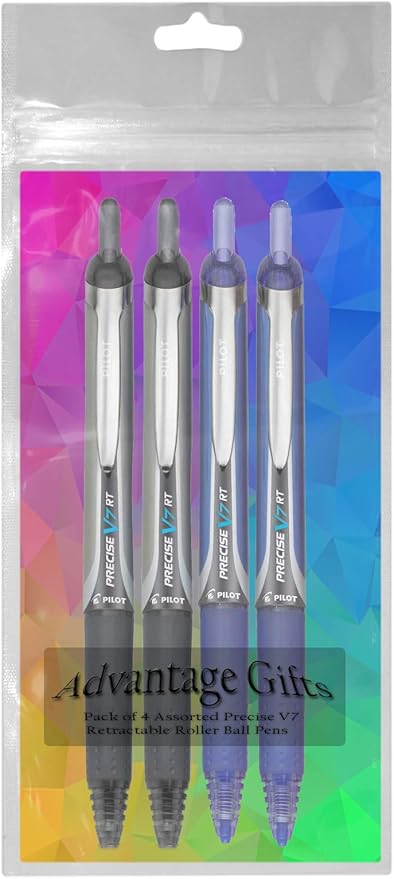 Precise V7 RT Retractable Rolling Ball Pens, Fine Point (.7mm), Assorted Colors Black/Blue Ink, 4-pk; Premium Comfort Grip, Bundle with Plastic Reusable Pouch