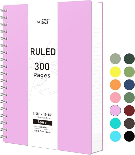 RETTACY Spiral College Ruled Notebook, 300 Pages, B5 Medium Size (7.4" x 10"), for School, Work, Writing, Journaling, 100 GSM Thick Paper, Flexible Plastic Cover (Lilac)
