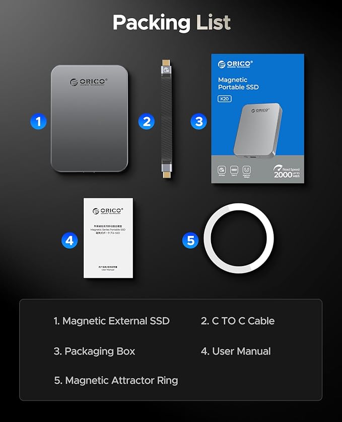 ORICO 2TB Magnetic Portable SSD, Aluminum Alloy, 4K 120 fps ProRes HDR Record and Store, Up to 2000MB/s, External Solid State Drive, Compatible with iPhone 16 Pro Max, Tablet, Computer - K20