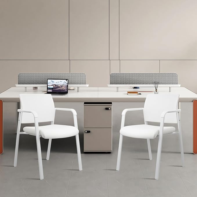 CLATINA Stacking Office Chairs | Mesh Back, Thicken Leather Seat and Arms, Ergonomic Lumbar Support | Guest Reception, Waiting, Conference, School, Party, Customer, Side, Stationary | Set of 2, White